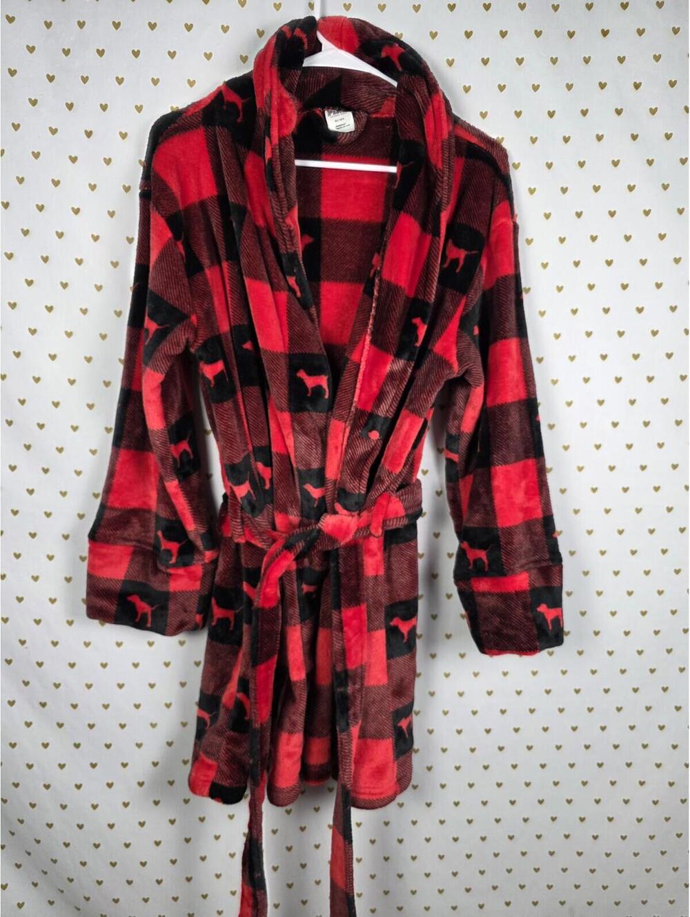 PINK Victoria's Secret Red and Black Plaid Fleece Robe with Dog Silhouettes